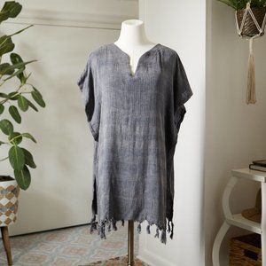 Hand-loomed Turkish Cotton Pullover Tunic Grey Top with Tassels